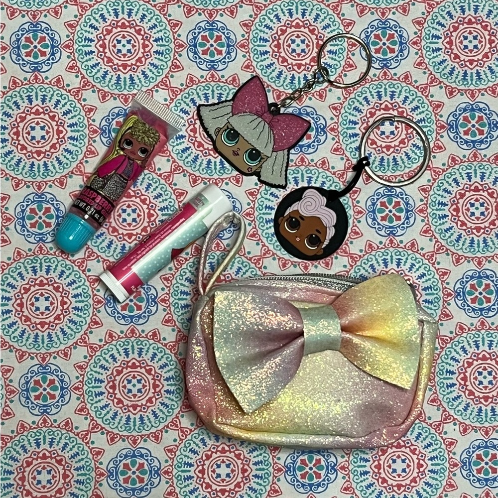 🌟❣️4/$10Real Littles Glitter Pastel Bow Pouch LOL keychain & lipgloss chapstick